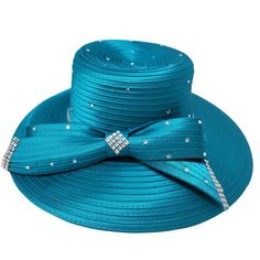 Lady Diane Collection Style: SA-075431 Color: Turquoise All season dressy ribbon hat. Features satin band around the crown. Rhinestone studs and rhinestone brooch accents. Size: Head Circumference 22 1/2" / Brim width 3" / Crown depth 5" / Diameter 13.5" Great for special occasions, weddings, conventions, holidays and for church. Usher Suits, Extravagant Wedding Cakes, Church Lady Hats, Dressy Hats, Extravagant Wedding, Fancy Suit, Church Hat, Elegant Hats, Fancy Hats