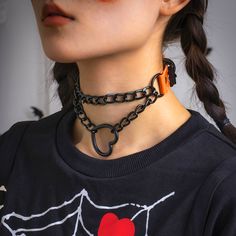 This edgy choker necklace features a layered chain design and an open heart pendant. 15.7" L Pendant : 1.3" W Rhodium plated copper / polyurethane Goth Egirl, Goth Choker, Leather Heart, Chain Collar, Layered Choker Necklace, Collar Choker, Kawaii Goth, Layered Chain, Style Kawaii