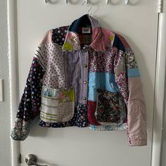 Questions? Leave A Comment Below! White Patchwork Outerwear For Work, Spring Multicolor Outerwear With Patch Pockets, Fitted White Outerwear With Patch Pockets, Multicolor Cotton Outerwear For Work, Chore Coat, Wide Sleeves, Leave A Comment, Psychic, Pink White