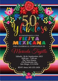 the mexican themed birthday party is set up with colorful stripes and flowers, including an ornate frame