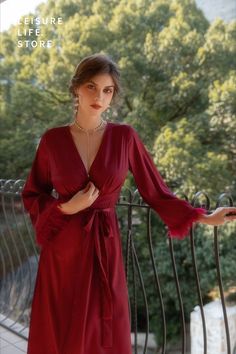 Satin Feather Trim Robe Silky Satin Bridal Nightgown Bridesmaids Feather Trim Robe Wedding Feather Trim Nightgown Fitted V-neck Sleep Robe, Fitted V-neck Robe For Sleep, Elegant Red V-neck Sleepwear, Night V-neck Dress With Satin Finish, Elegant Fitted Long Sleeve Sleepwear, Fitted Satin Finish V-neck Sleepwear, Chic V-neck Sleepwear For Wedding Night, Elegant Long Sleeve Evening Sleepwear, Elegant Red Night Dress