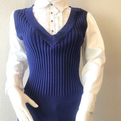 Navy Blue Sweater On White Collard Shirt. One Piece. V Neck With Ruffles. Fitted. Never Worn. Measurements: 13" Waist 18" Sleeve 25" Total Length. Collard Shirt, Navy Blue Sweater, Blue Sweater, Blue Sweaters, Ruffles, Blue White, Top Blouse, Navy Blue, Blue And White