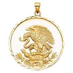 Material Type 14k GoldMaterial Color YellowHeight 36 mmWidth 29 mm Stone Cubic Zircon All measurements are approximate and may vary slightly from the listed dimensions. Mexican Eagle, Eagle Pendant, Being Prepared, Gold Eagle, Gold Pendant Jewelry, Great Gifts For Men, Mens Gold, Gold Art, Round Pendant