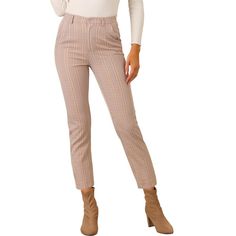 These pants can build smart and casual looks. Team these trousers with a blouse and court shoes for an effortless ensemble to transition from day to evening. Cut with a contemporary high waist and a straight leg, these trousers offer a sleek silhouette, ideal for dressing up or down. Paired with anything from a statement t-shirt to a silk blouse for a versatile workwear look. This fashionable and trendy clothes for women can not only be worn daily, but can also be easily matched as a Christmas c Spring Stretch Bottoms For Office, High Waist Bottoms For Office In Fall, Trendy Tapered Leg Dress Pants For Business Casual, Trendy Bottoms For Office Wear In Fall, Spring Business Casual Office Bottoms, Spring Office Lady Business Casual Bottoms, Spring Office Lady Bottoms For Business Casual, Spring Office Lady Bottoms For Office Wear, Spring Office Lady Workwear Bottoms