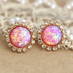 Pink+Opal+stud+earrings+with+white+rhinestones+от+iloniti+на+Etsy,+$34,00 Pink Round Earrings With Sparkling Stones, Pink Sparkling Stone Round Earrings, Pink Round Clip-on Earrings For Gift, Pink Sparkling Round Earrings, Pink Crystal Round Earrings For Gift, Pink Round Crystal Earrings For Formal Occasions, Pink Jeweled Jewelry For Anniversary, Pink Jeweled Wedding Earrings, Formal Pink Round Clip-on Earrings