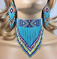 NATIVE BEADED TURQUOISE BLUE HANDCRAFTED CHOKER NECKLACE HOOK EARRINGS SET S18/6 | eBay Anting Manik, 3 Earrings, Earrings Bead, Beaded Bib Necklace, Multicolor Jewelry, Silver Polish, Beadwork Patterns, Bead Loom Patterns, Beaded Jewelry Patterns