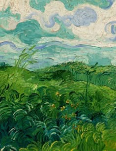 a painting of green grass and blue sky