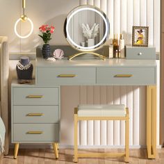 a bedroom with a dresser, mirror and stool