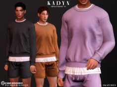 three male models wearing different colored sweaters and shorts