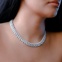 Gold Presidents Cuban Link White Gold / 18" Womens Diamond Prong Cuban Link Choker (12mm) Diamond Cuban Link Chain Women, Silver Cuban Link Chain Women Outfit, Cuban Necklace Women, Cuban Link Chain Women, Cuban Link Choker, Interlocking Pattern, Cuban Choker, Urban Jewelry, Cuban Link Necklace