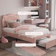 a bedroom with pink furniture and accessories labeled