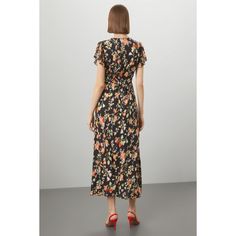 Black floral chiffon (100% Viscose). Lining (100% Polyester). Slip. Short sleeves. V-neck. 58.5" from shoulder to hemline. Imported. Summer Chiffon Maxi Dress For Work, Chiffon Maxi Dress For Summer Workwear, Floral Print Viscose V-neck Dress, V-neck Floral Print Viscose Dress, Floral Print Dress For Summer Workwear, Summer Floral Dress For Workwear, Summer Floral Dress For Work, Summer Floral Maxi Dress For Work, Chic Floral V-neck Chiffon Dress