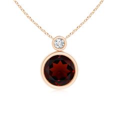 The round garnet exudes spellbinding charm in its intense red hue, accented with a brilliant round diamond on the top. Crafted in glistening 14K rose gold, this pendant has a hidden bale design. The bezel setting of the stones lend sophisticated elegance to this solitaire garnet pendant. Garnet Pendant, Bezel Pendant, Rhodolite Garnet, Solitaire Pendant, Bezel Setting, 18k Rose Gold, Diamond Pendant, Round Diamond, Round Diamonds