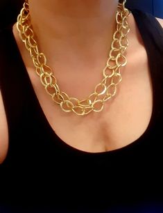 "Handmade Chunky Oversized Layering Gold Necklace. Wear it together with any type of necklace and will compliment your night or daily outfit. * Lightweight Thick Chain. * Nickel Lead-Free * * Necklace Length: 17\" long. * Chain Thickness: 20x15x3mm thick * Metal Plated Color: Matte Gold Plating * Helpful tips for proper care: To avoid damaging or dulling Costume Jewelry, do not use jewelry cleaner or soak the jewelry in water. When dressing, I would recommend that you put jewelry on last in orde Double Chain Link Necklace For Parties, Party Jewelry With Double Chain Link, Party Link Chain Necklaces, Party Double Chain Link Jewelry, Chunky Oval Link Necklace For Gift, Chunky Oval Link Necklace As A Gift, Yellow Gold Chunky Chain Necklace For Party, Party Necklace With Adjustable Chain Link, Party Necklaces With Chunky Chain Links