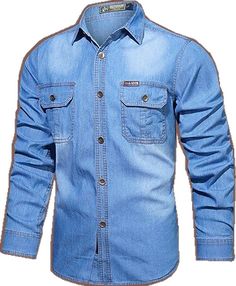 Long Sleeve Light Blue Denim Top With Pockets, Light Blue Long Sleeve Denim Top With Pockets, Casual Blue Slim Fit Shirt, Solid Collared Denim Shirt, Blue Slim Fit Casual Shirt, Collared Solid Denim Shirt, Solid Denim Collared Shirt, Dark Wash Summer Shirt With Pockets, Blue Slim Fit Shirt With Pockets