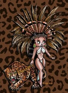 a drawing of a woman with feathers on her head next to a leopard