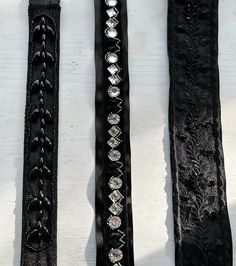 "Assorted elegant black sashes / belts - perfect addition to a simple dress.  Can also be used as a wrap/tie for an elegant ponytail or bun.  Choose from 3 styles: 1) Embroided - measures 51\" long x 2\" wide 2) Velvet beaded - measures 58\" x 1\" 3) Crystal beaded - measures 56\" x 1\" (2 available)" Black And Velvet Sash, Elegant Ponytail, Ornate Picture Frames, 5x7 Picture Frames, Sash Belts, Simple Dress, Suspender Belt, Victorian Fashion, Simple Dresses