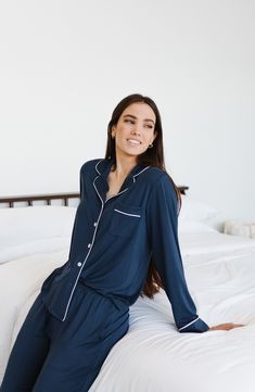 These breathable and stretchy pajamas are the perfect go-to on chilly nights when you just want to snuggle. Top has notched collar; long sleeves 95% viscose, 5% spandex Machine wash, tumble dry Imported Cozy Long Sleeve Loungewear Sets, Cozy Long Sleeve Lounging Sets, Long Sleeve Bedtime Sets For Fall, Fall Bedtime Sets With Long Sleeves, Blue Long Sleeve Sleepwear For Lounging, Long Sleeve Lounging Sets For Fall, Blue Long Sleeve Sets For Relaxation, Blue Long Sleeve Sleepwear For Relaxation, Blue Long Sleeve Sleepwear For Fall