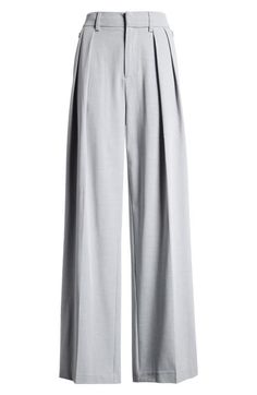 "Find GOOD AMERICAN Good '90s Suiting Pleated Wide Leg Pants on Editorialist. Neat pleats give way to the wide legs in staple pants you'll wear for desk days and drinks dates. 12 1/2\" regular front rise Zip fly with hook-and-bar closure Hidden side-zip closure 66% polyester, 28% viscose, 6% elastane Machine wash, tumble dry Imported Black Owned/Founded" Staple Pants, Pleated Wide Leg Pants, Polyester Pants, Gray Suit, Wide Legs, Good American, Pants Outfit, Dress Pants, Leg Pants