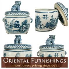 Blue and White Porcelain Asian Candy Jar with Foo Dog Lid 

Porcelain storage container immense for candy or other small items including tea. Superb design statement for a table, mantel or match with a fine pedestal. Its rich cobalt has been hand painted in a scenery of ancient temples with mountains and trees. It has been fire glazed … 

 #asianfurniture #chinesefurniture #orientalstyle #gingerjars #chinoiseriechic #antiques #blueandwhitedecor #chineseporcelain #koreanfurniture #orientaldecor