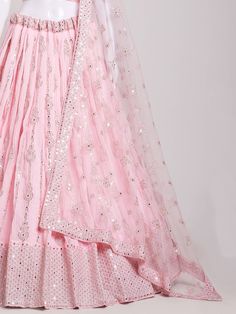 Introducing the "alluring baby pink sequins georgette bridesmaid lehenga choli" from Ethnic Plus, a stunning ensemble designed to make you look and feel like a princess. This ethereal lehenga choli set is crafted with meticulous attention to detail, featuring a beautiful baby pink color heavy georgette material lehenga adorned with sequin work, embroidery work, and mirror work. Paired with a similar color heavy georgette material choli, embellished with exquisite embroidery and mirror work, and Pink Semi-stitched Choli With Mirror Work, Hand Embellished Semi-stitched Georgette Choli, Sequin Work Embroidery, Semi-stitched Pink Choli With Cutdana, Pink Unstitched Georgette Choli, Pink Semi-stitched Hand Embellished Choli, Baby Pink Wedding, Baby Pink Color, Georgette Material