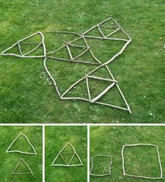 four different angles of the shape of a house made out of metal pipes and sticks