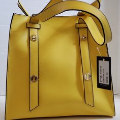 A.Bellucci Italian Made Yellow Leather Large Structured Bag Length 12" Depth 4.5" Width App 13" Handle Drop 9" Modern Yellow Shoulder Bag For Formal Occasions, Formal Yellow Shoulder Bag With Adjustable Strap, Yellow Double Handle Shoulder Bag For Evening, Yellow Satchel With Adjustable Strap For Evening, Yellow Shoulder Satchel For Evening, Elegant Yellow Satchel With Adjustable Strap, Trendy Yellow Bag For Formal Occasions, Trendy Yellow Formal Bag, Trendy Yellow Formal Bags