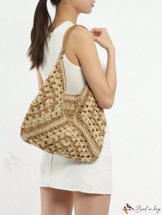 BirdinBag - Summer Vacation Straw Colorblock Bag - Large Size with Hollow Out Pattern - Ideal for Beach Travel Square Bucket Bag For Vacation, Large Capacity Square Shoulder Bag For Beach, White Square Shoulder Bag For Beach, Summer Square Beige Bag, Square Beige Bucket Bag For Beach, Square Beige Bucket Bag For The Beach, Summer Beige Rectangular Hobo Bag, Trendy Square Shoulder Bag For Beach, Square Beige Beach Bag