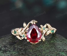 - Metal: Solid gold(10K/14K/18K white/yellow/rose gold),925 sterling silver,platinum available- Main Stone: 6x8mm pear lab ruby.- Accent Stone: lab emeralds- Band Width: 1.4mm- Can be personalized: Yes Ruby And Emerald Engagement Ring, Red Wedding Ring, Gemstone Jewelry Earrings, Wedding Ring Women, Ruby Wedding Band, Emerald Band, Emerald Wedding Rings, Emerald Wedding, Ruby Engagement Ring