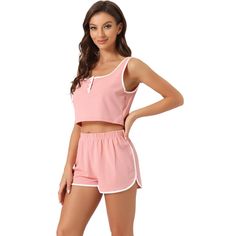 This soft fabric and breathable loungewear set for women is constructed of 65% Cotton and 35% Polyester fabric, comfy, moisture-wicking, breathable, and skin friendly. Featuring sleeveless 2 piece outfits, rib-knit shorts set, high waist, solid color, square neck button-down crop tank, and elastic waist shorts design, make you feel cozy all night, enjoy a comfortable sleep and sweet dream.No matter the cozy bedtime, casual home relax, laze afternoon, comfy bath, the soft loungewear could company Casual Sleeveless Sleepwear Sets, Comfortable Sleeveless Lounging Sleepwear, Comfortable Sleeveless Lounge Sleepwear, Casual Sleeveless Sleepover Sets, Casual Sleeveless Sleepwear For Lounging, Casual Sleeveless Lounging Sets, Casual Sleeveless Tank Top For Pajama Party, Casual Pink Sleep Tank Top, Casual Tank Top For Sleepovers