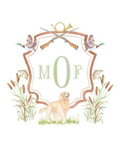 a watercolor painting of a dog and two birds with the letter o on it