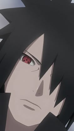 an anime character with black hair and red eyes looking at something in the distance behind him