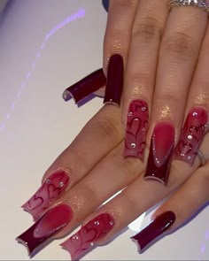 Nail Designs Red French Tip, Long Nail Inspo Baddie Design, Red Square Nail Designs, Nails For Red Hoco Dress, Maroon Acrylic Nails Design, Cute Dark Red Nails, Valentine S Day Nail, Pink Red Nail Designs, Long Square Nails Designs Ideas