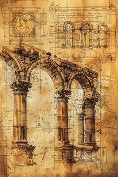 a drawing of an old building with columns and arches on it's side, surrounded by blueprint