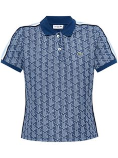 blue cotton blend monogram jacquard short front button fastening polo collar side stripe detailing short sleeves appliqué logo straight hem Yoko London, Exclusive Fashion, Side Stripe, Ski Wear, Polo Collar, Jacket Tops, Denim Dress, All Fashion, Clothes For Sale