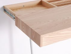 a close up of a wooden desk with metal handles