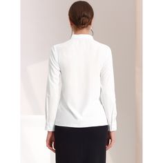 This blouse is both elegant and versatile, making it the perfect addition to your wardrobe. The pleated mock neck adds a touch of sophistication, while the pearl decor design adds a subtle yet stylish element. You can wear it on a variety of occasions, including casual outings, dates, office meetings, formal events, and daily wear. Pair it with pants or skirts for a chic and effortless look that is both comfortable and stylish. This blouse is sure to become a go-to piece in your collection. Elegant White Office Blouse, Elegant Spring Shirt, Elegant Solid Color Padded Blouse, Elegant Stand Collar Shirt For Formal Occasions, Solid Color Long Sleeve Mock Neck Top For Work, Classic Long Sleeve Mock Neck Top For Work, Elegant Plain Shirt For Work, Elegant Solid Color Plain Shirt, Elegant Formal Shirt With Stand Collar