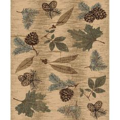 a rug with pine cones and leaves on it