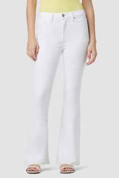 Description Our Holly High-Rise Flare Barefoot Jean in Spring White is cut with a shorter inseam to hit below the ankle from premium super stretch denim. It features an elevated waistline, classic five-pocket details, and a fitted leg that breaks at the knee. Product Details Front Rise: 11", Leg Opening: 22.5", Inseam: 30"Model Height 5'9"Model wearing size 25Measurements based on size 27 Fit & Care Content: 90% Cotton, 8% Recycled Polyester, 2% ElastaneMachine wash cold with like colorsDo not b White Stretch Bottoms With Five Pockets, Fitted White Mid-rise Bottoms, White Bottoms With Standard Cut Leg For Fall, White Bottoms For Fall With Standard Cut Leg, White Stretch Flare Jeans For Spring, White Bottoms For Fall, White Flare Jeans For Fall, Fitted White Bottoms With Frayed Hem, White Stretch Flare Jeans For Fall