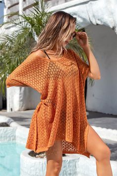 Get ready to slay the beach style game with this Sunsets Ombre Oversized Knit Sweater! Effortlessly cool and cute, this knit sweater will keep you cover-up and stylish as you watch the sun go down on the shore. Perfect for layering or lounging, it's a must-have for your beach wardrobe! Size Guide: Model is 5’8” tall, and has a 34.2” bust, 24.9”waist, & 37.7” hips. She is wearing a S / US 4 / AU 8. This sweater is true to size. Material: 100% Rayon. Key Features: V-Neckline. Short sleeve. Coverup. Crochet Perforated Knit. Not lined. Oversized fit. Maternity friendly. Care Instructions: Machine wash / Cold hand wash Beach Wardrobe, Oversized Knit Sweater, Cutout Sweater, Oversize Knit, Oversized Knitted Sweaters, Daily Dress, Beach Covers, Style Boho, Beach Style