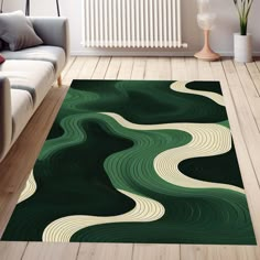 a living room area rug with green and white swirls on the floor in front of a radiator