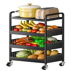 a three tiered rack with fruits and vegetables