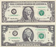 two bills with the same image on each one and another dollar bill in different colors