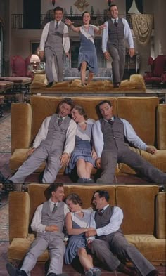 four different pictures of men and women posing on couches in front of fire place