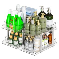 the bathroom shelf is organized with soaps, shampoos and lotion bottles