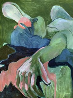 a painting of two hands touching each other with green and blue colors in the background