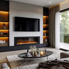 modern living room with fireplace and large windows