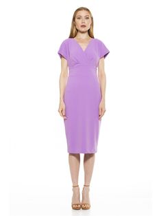 The Naomi Drape Surplice Sheath for women is the perfect addition to a timeless collection. Donning a body-conscious silhouette and a contemporary midi length, this dress will carry you from desk to dinner with style in a cinch. Dress With Short Sleeves, Surplice Neckline, Midi Sheath Dress, Lilac Dress, Lace Romper, Purple Dress, V Neck Dress, Knee Length Dress, Sheath Dress