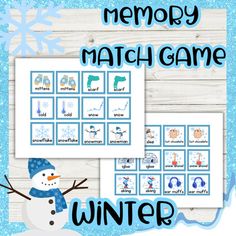 a snowman themed memory match game with the words winter on it and an image of a