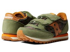 Saucony Kids Originals Jazz Double HL (Little Kid/Big Kid) - Boy's Shoes : Olive/Orange : Enjoy extended durability and breathibility wearing Saucony Kids Originals Jazz Double HL (Little Kid/Big Kid) footwear. Leather and textile upper. Leather lining and man-made insole. Hook-and-loop closure. Branding on the heels. Textured rubber outsole with triangular grooves. Imported. Measurements: Weight: 7 oz Product measurements were taken using size 2 Little Kid, width M. Please note that measurement Comfortable Sneakers With Removable Insole For Outdoor Activities, Brown Non-slip Sneakers For Spring, Fabric Sneakers With Round Toe For Outdoor, Comfortable Non-slip Textile Sneakers, Non-slip Nylon Sneakers With Round Toe, Fabric Sports Sneakers With Round Toe, Fabric Sneakers With Round Toe For Sports, Outdoor Fabric Sneakers With Rubber Sole, Round Toe Fabric Sneakers For Sports